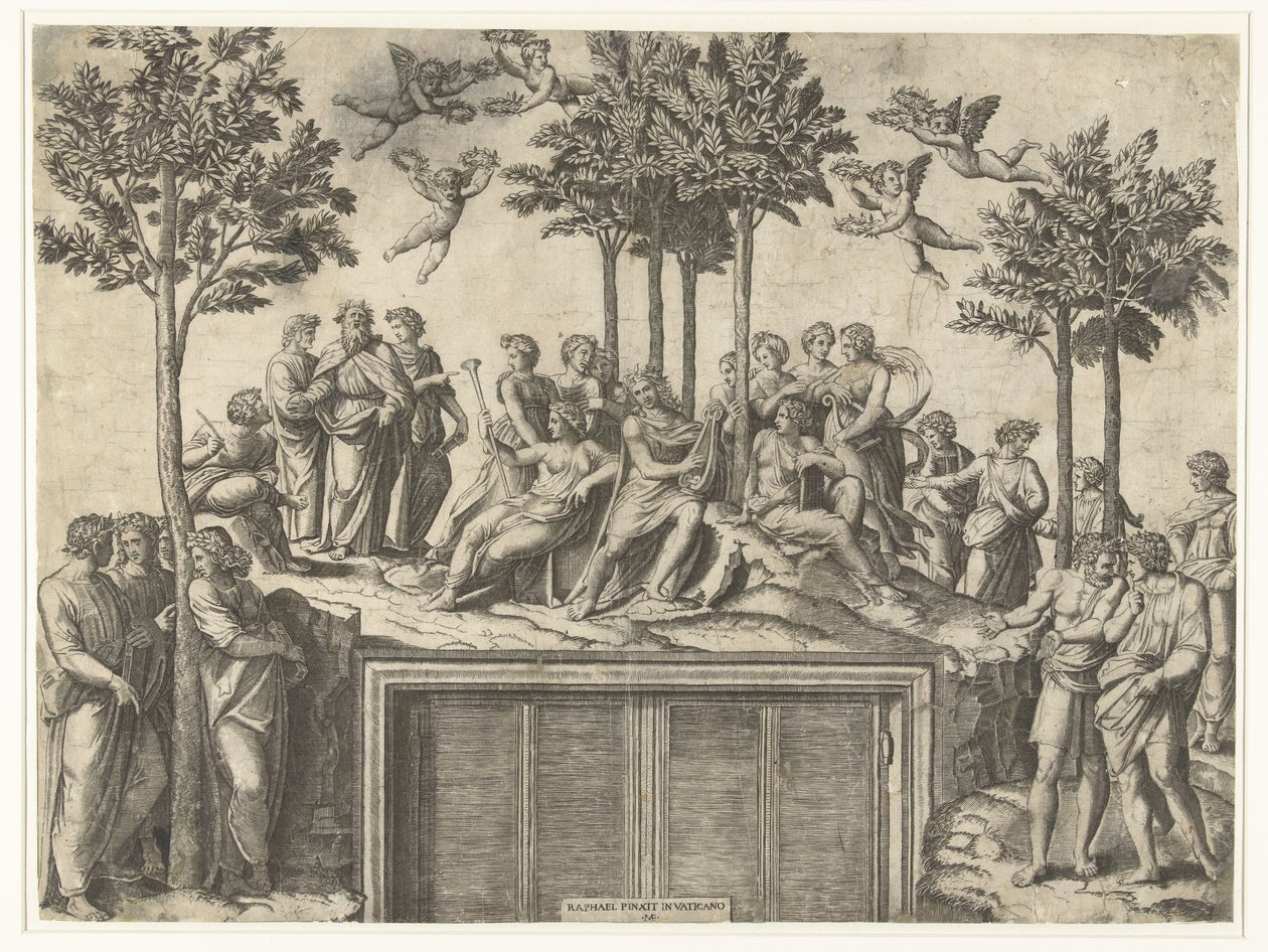 Apollo und Musen auf dem Berg Parnassus von Marcantonio Raimondi