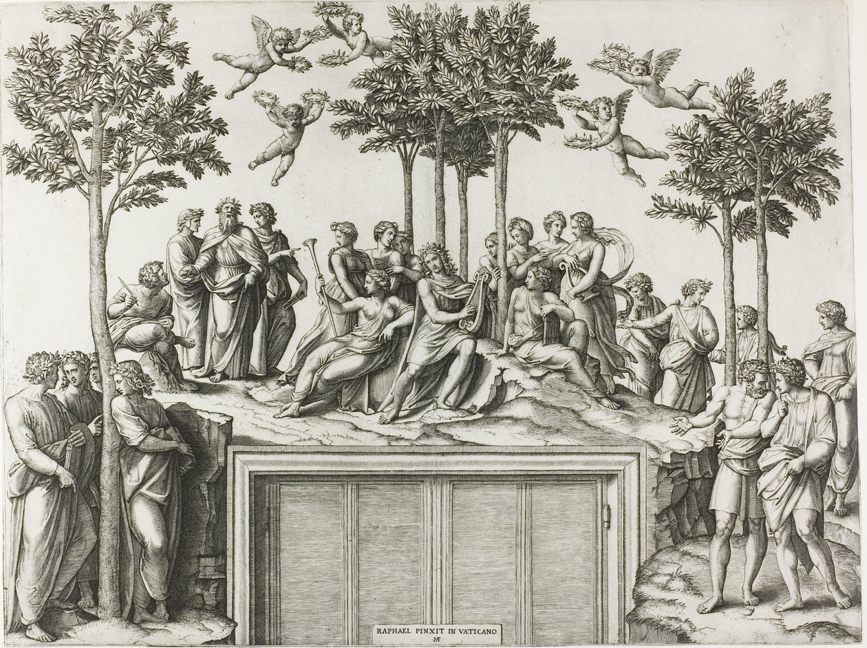 Apollo auf dem Parnass, umgeben von den Musen und Dichtern von Marcantonio Raimondi