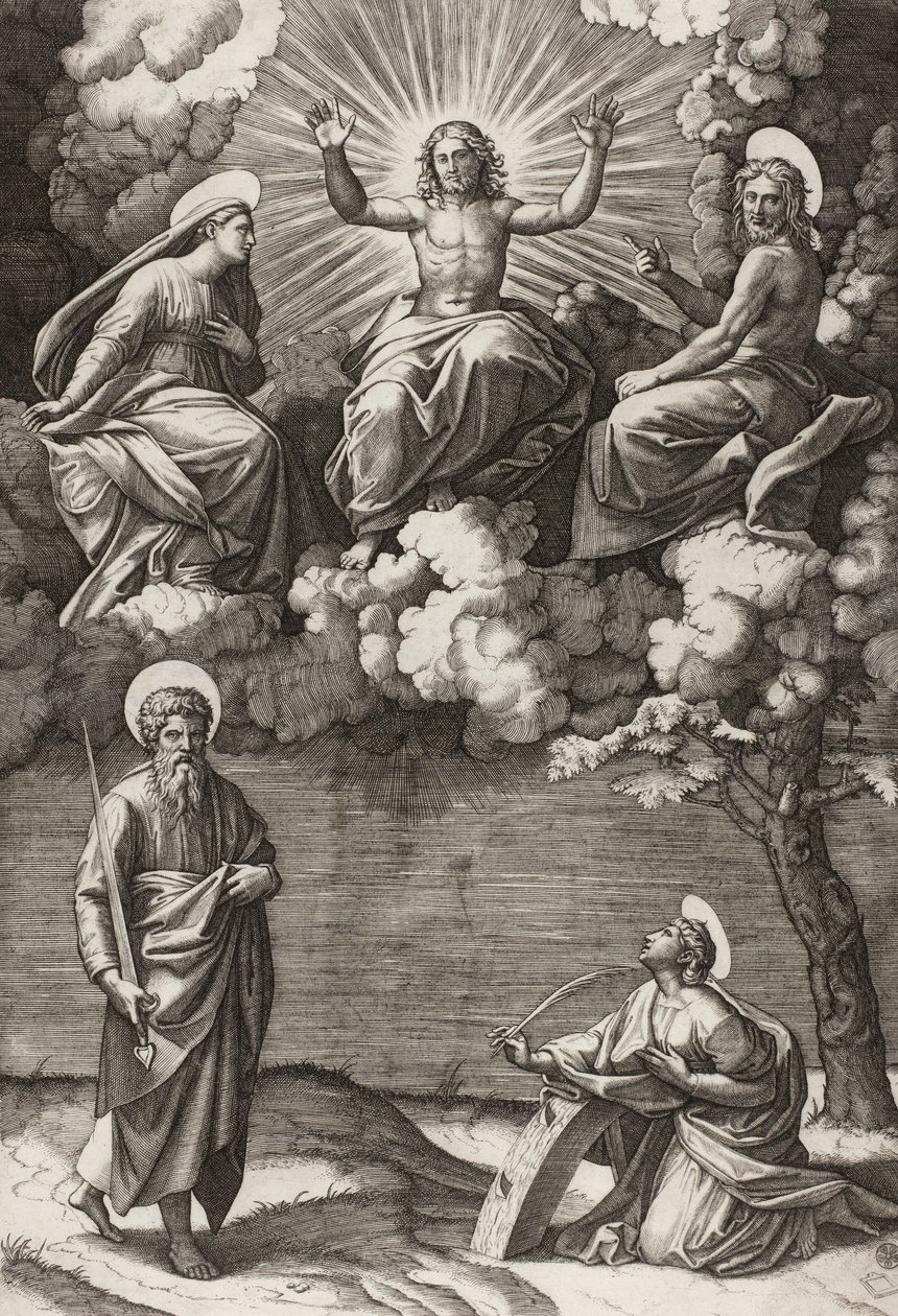 Christus, die Jungfrau und Johannes der Täufer mit den Heiligen Paulus und Katharina von Marcantonio Raimondi