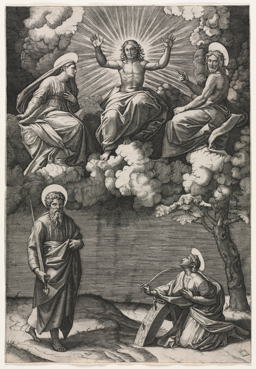 Christus, die Jungfrau und Johannes der Täufer mit den Heiligen Paulus und Katharina von Marcantonio Raimondi