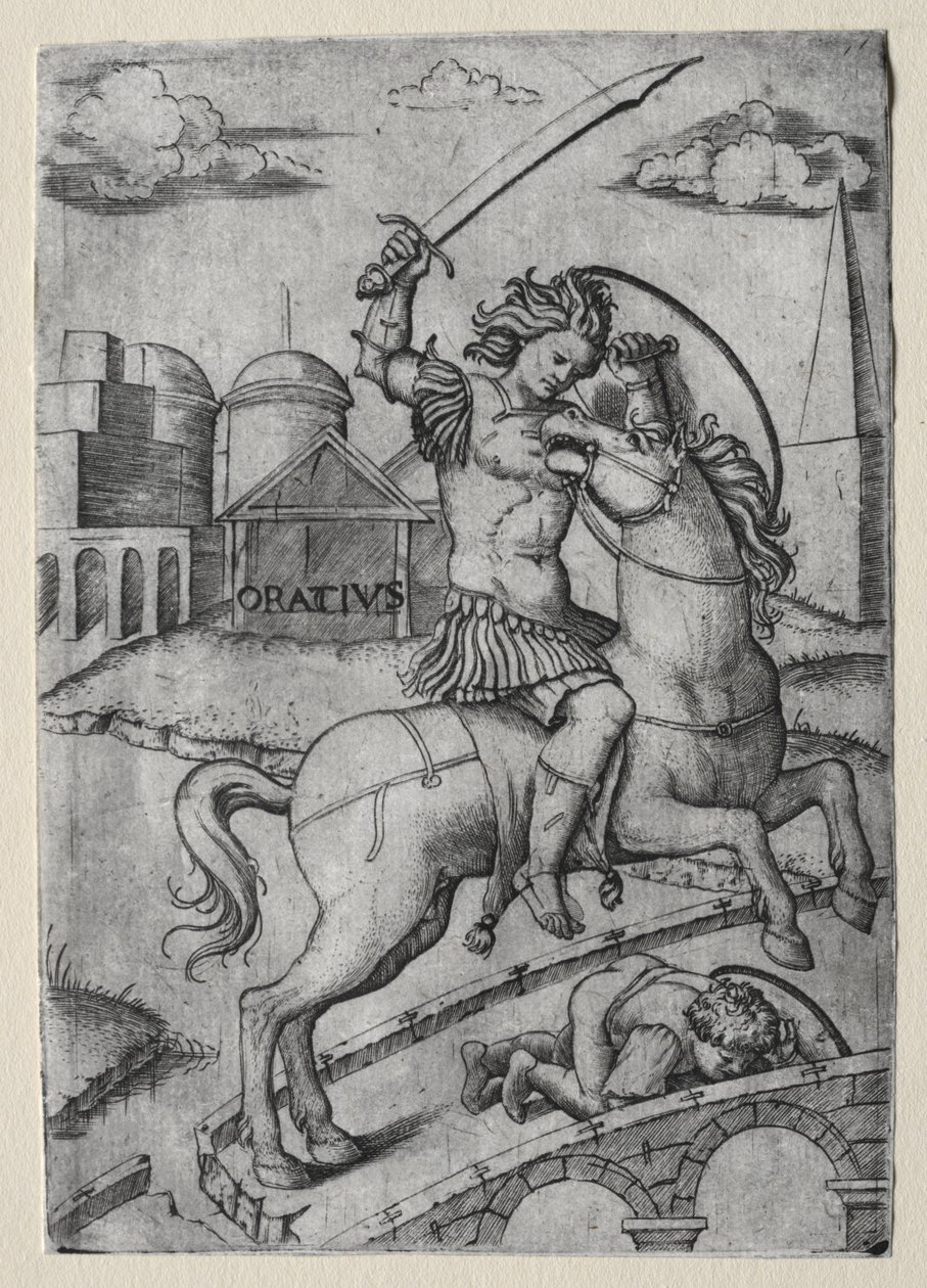 Horatius Cocles verteidigt die Sublicianische Brücke von Marcantonio Raimondi