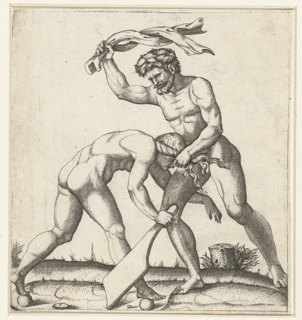 Mann kämpft mit Frau als Personifikation des Glücks (Fortuna) von Marcantonio Raimondi