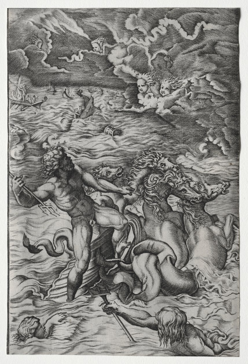 Neptun beruhigt den Sturm, den Aeolus gegen die Flotte des Aeneas entfesselte von Marcantonio Raimondi