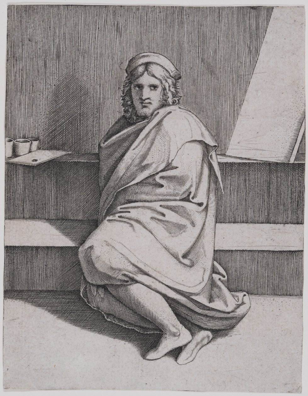 Porträt von Raphael, sitzend von Marcantonio Raimondi