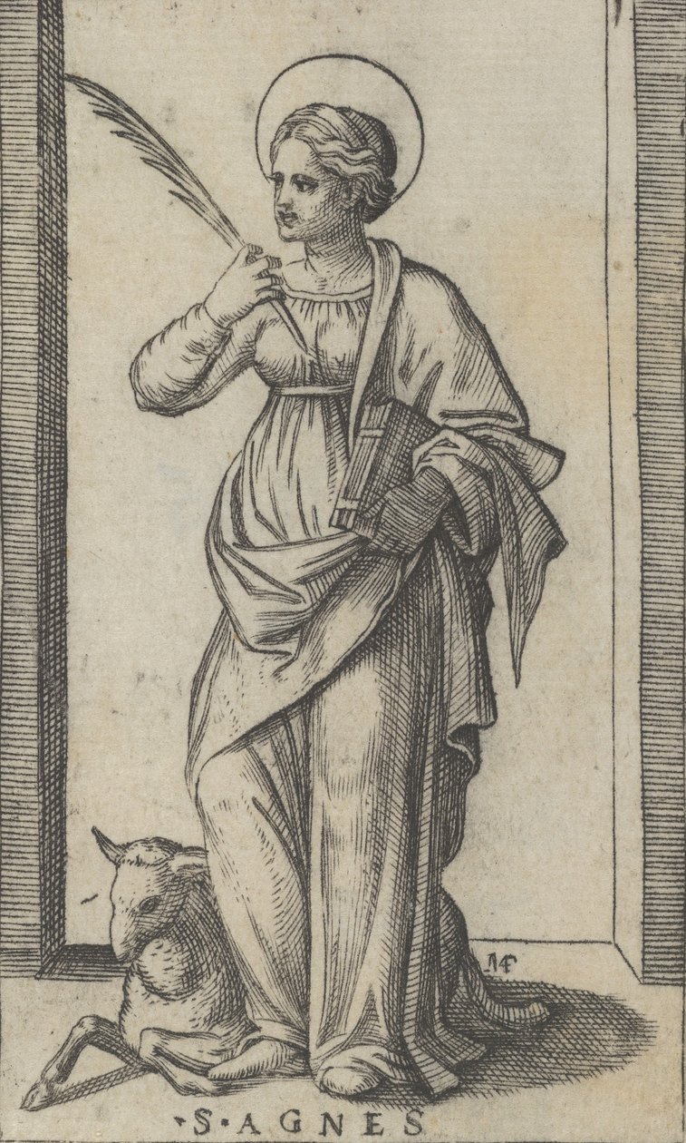 Heilige Agnes, die eine Palme in ihrer rechten Hand hält, ein Schaf unten links, ca. 1500-1527 von Marcantonio Raimondi