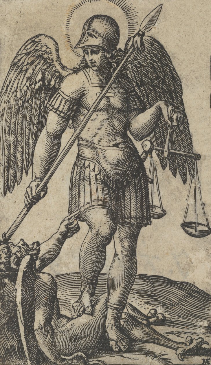 Heiliger Michael mit Waage und Lanze, ein Dämon unter ihm, aus der Serie 