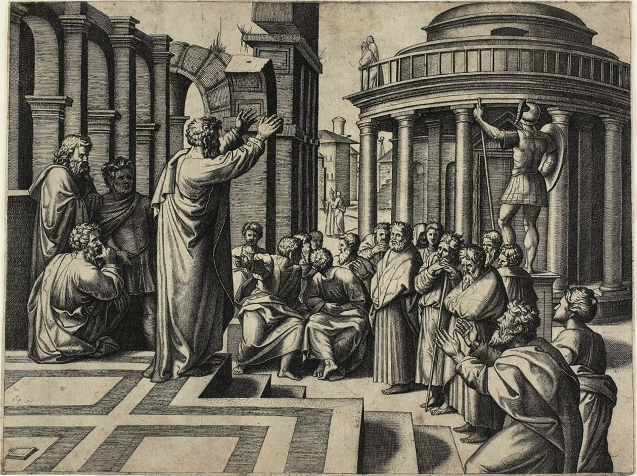 Der heilige Paulus predigt in Athen von Marcantonio Raimondi
