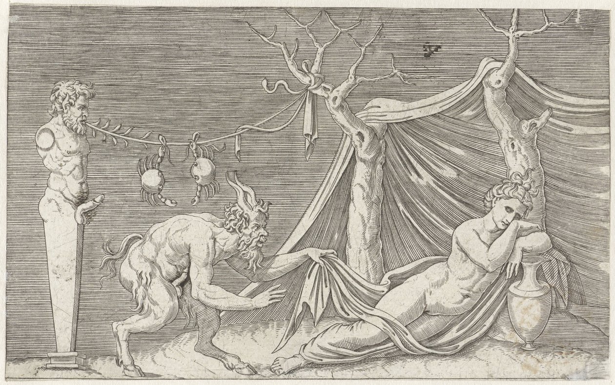 Satyr schleicht sich an schlafende Nymphe heran (Mythologische Darstellungen nach alten Basreliefs) von Marcantonio Raimondi