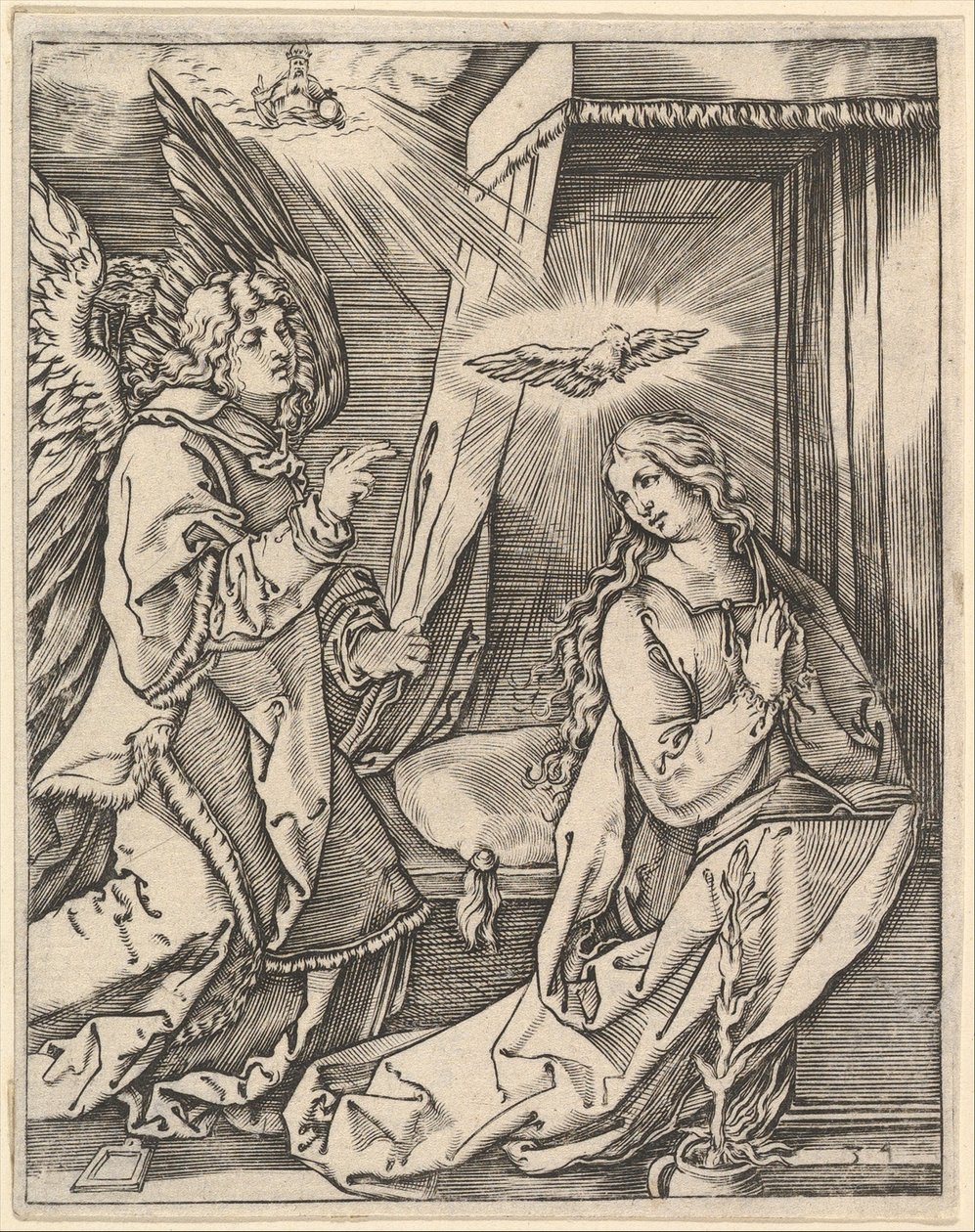 Die Verkündigung, links nähert sich der Erzengel Gabriel der betenden Jungfrau..., ca. 1500-1534 von Marcantonio Raimondi