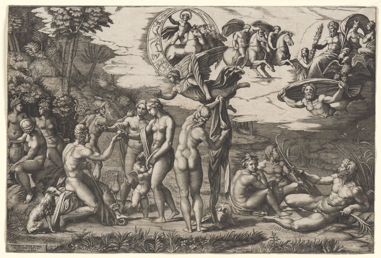 Das Urteil des Paris: Er sitzt links mit Venus, Juno und Pallas Athene, ein geflügelter Sieg darüber, um 1510-20 von Marcantonio Raimondi