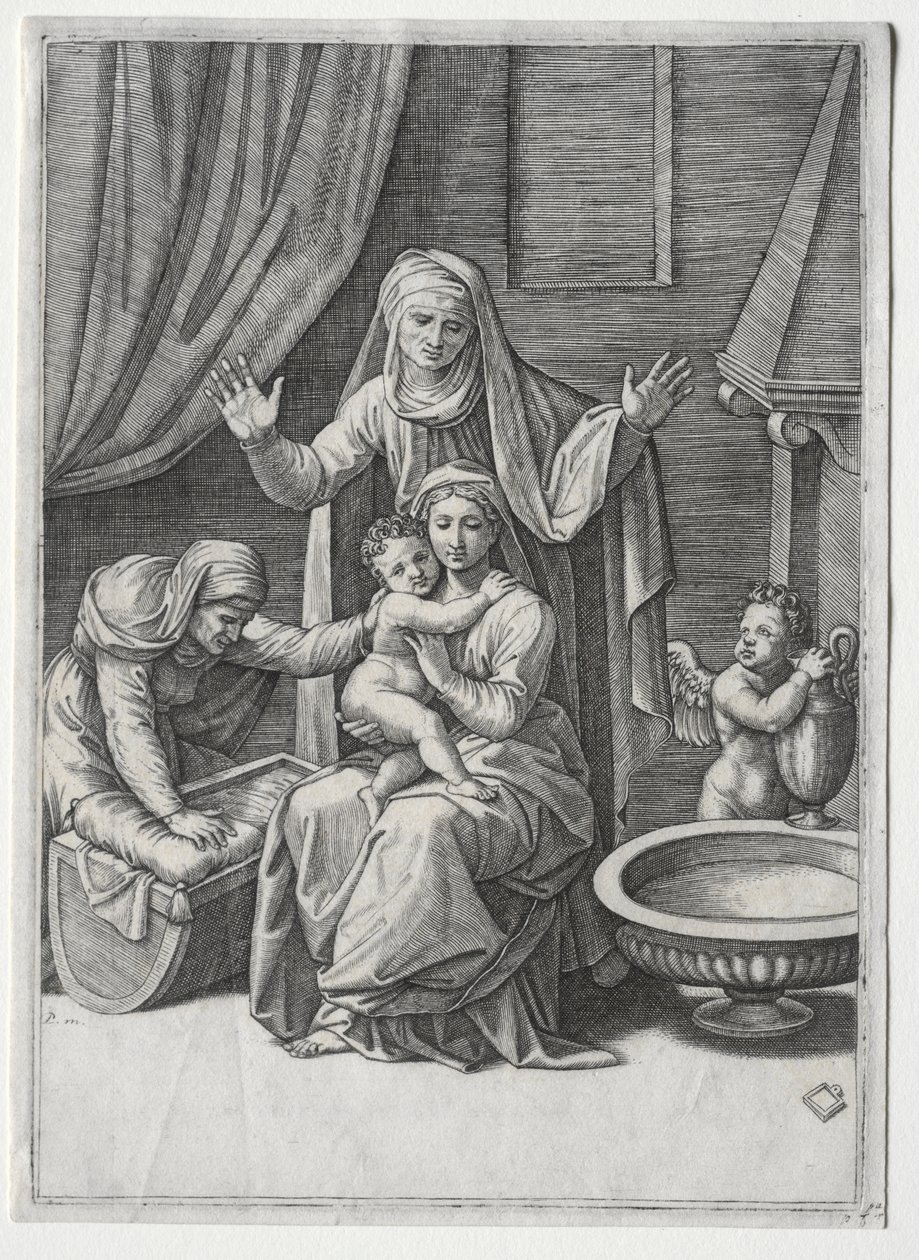 Die Jungfrau und die Wiege mit der heiligen Elisabeth und der heiligen Anna von Marcantonio Raimondi