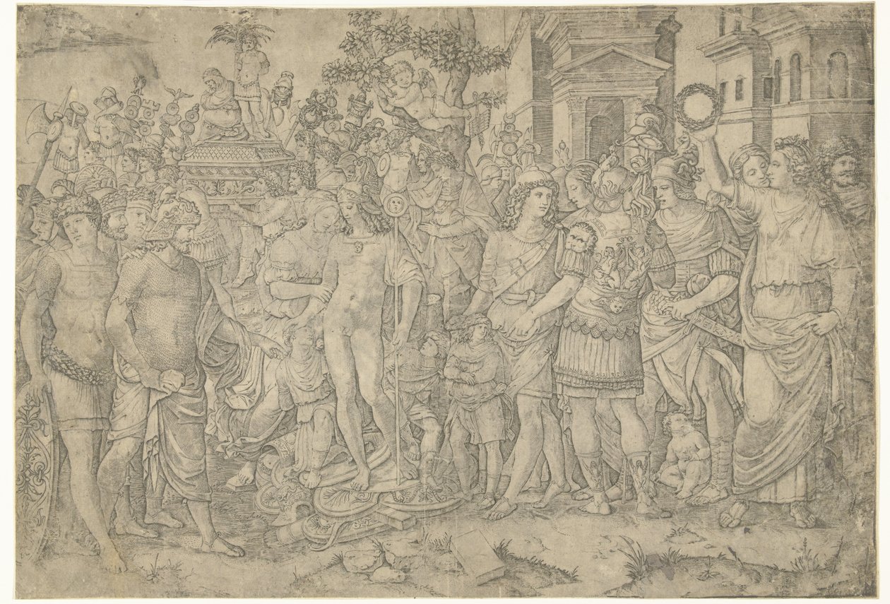 Triumphzug eines römischen Kaisers mit Soldaten und erbeuteten Rüstungen von Marcantonio Raimondi