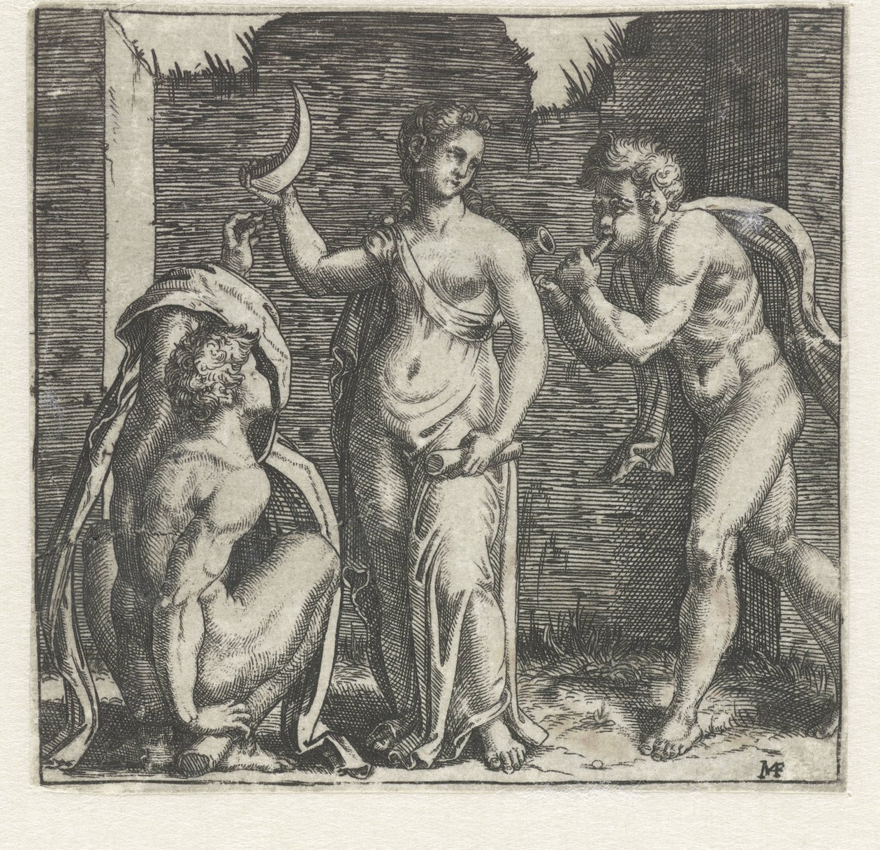 Frau mit Halbmond flankiert von einem Faun, der auf einem Horn bläst, und einem hockenden Mann von Marcantonio Raimondi