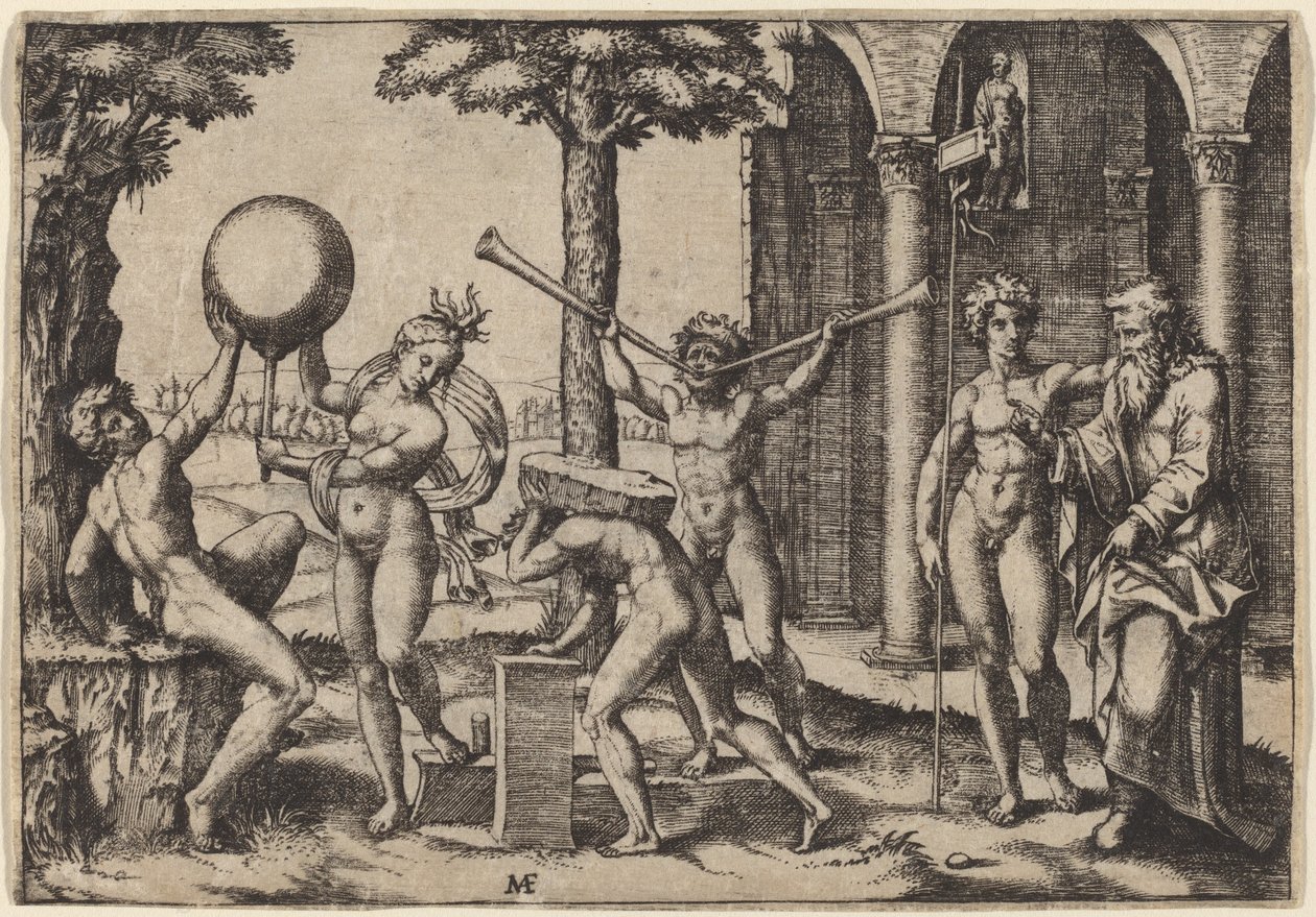 Der Mann mit zwei Trompeten von Marcantonio Raimondi after Baccio Bandinelli