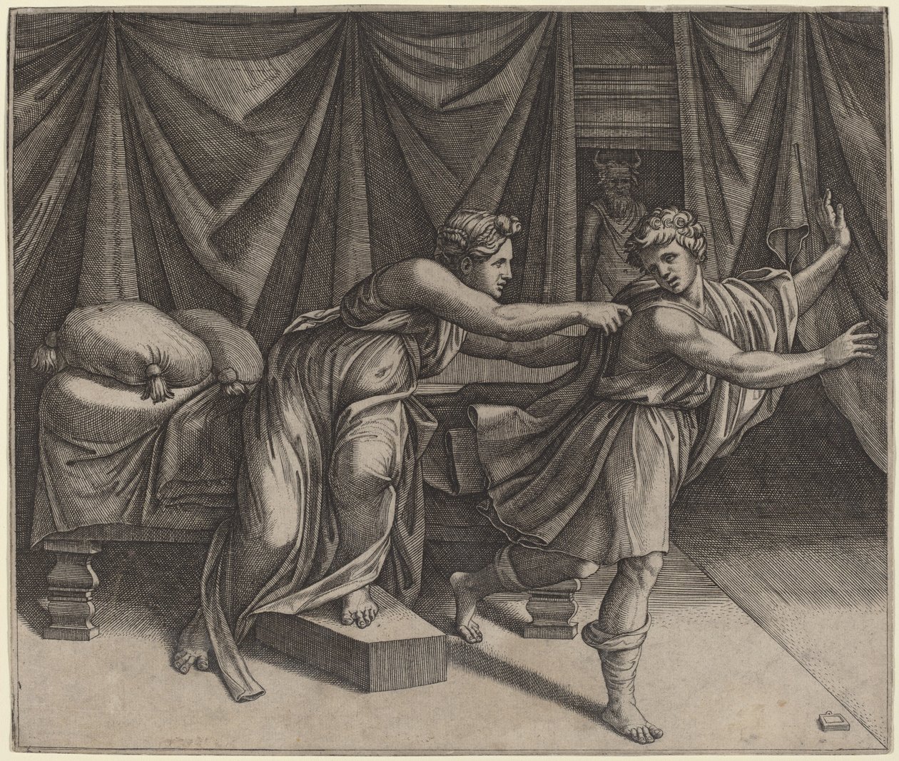 Joseph und Potiphars Frau von Marcantonio Raimondi after Raphael