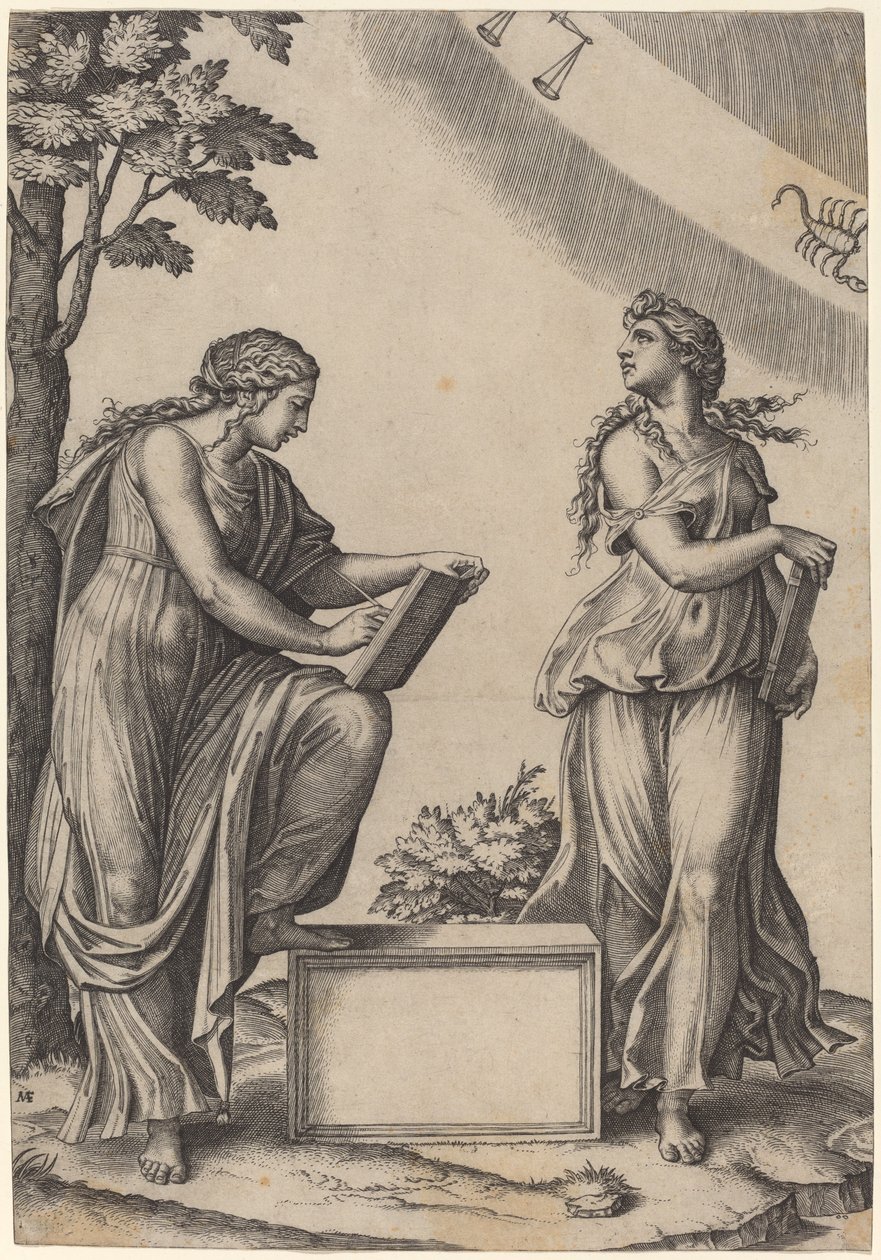 Zwei Frauen mit dem Tierkreis von Marcantonio Raimondi after Raphael