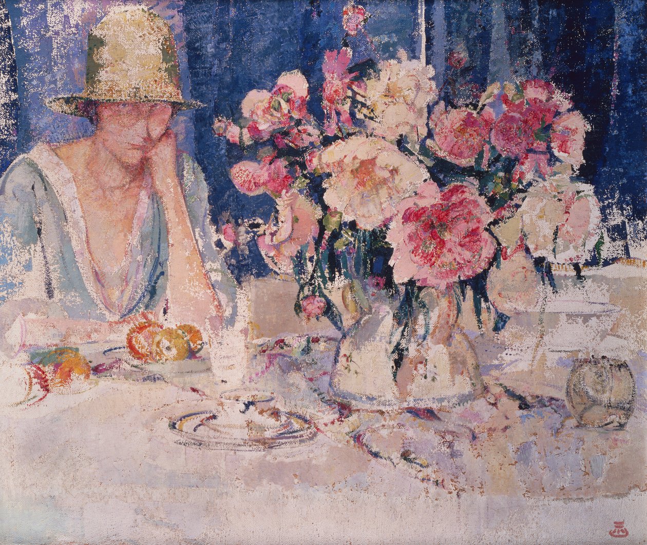 Frau an einem Tisch voller Blumen von Marcel Jefferys