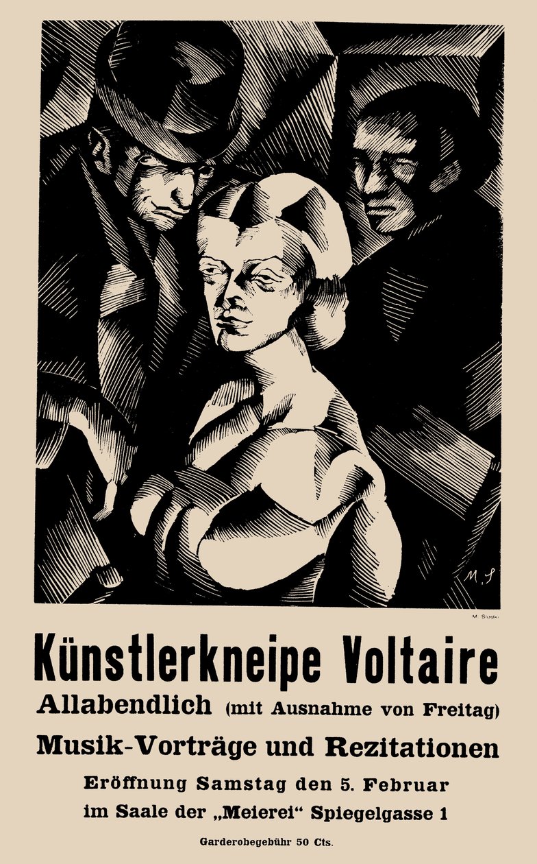 Plakat zur Eröffnung des Cabaret Voltaire am 05.02.1916 von Marcel Slodki