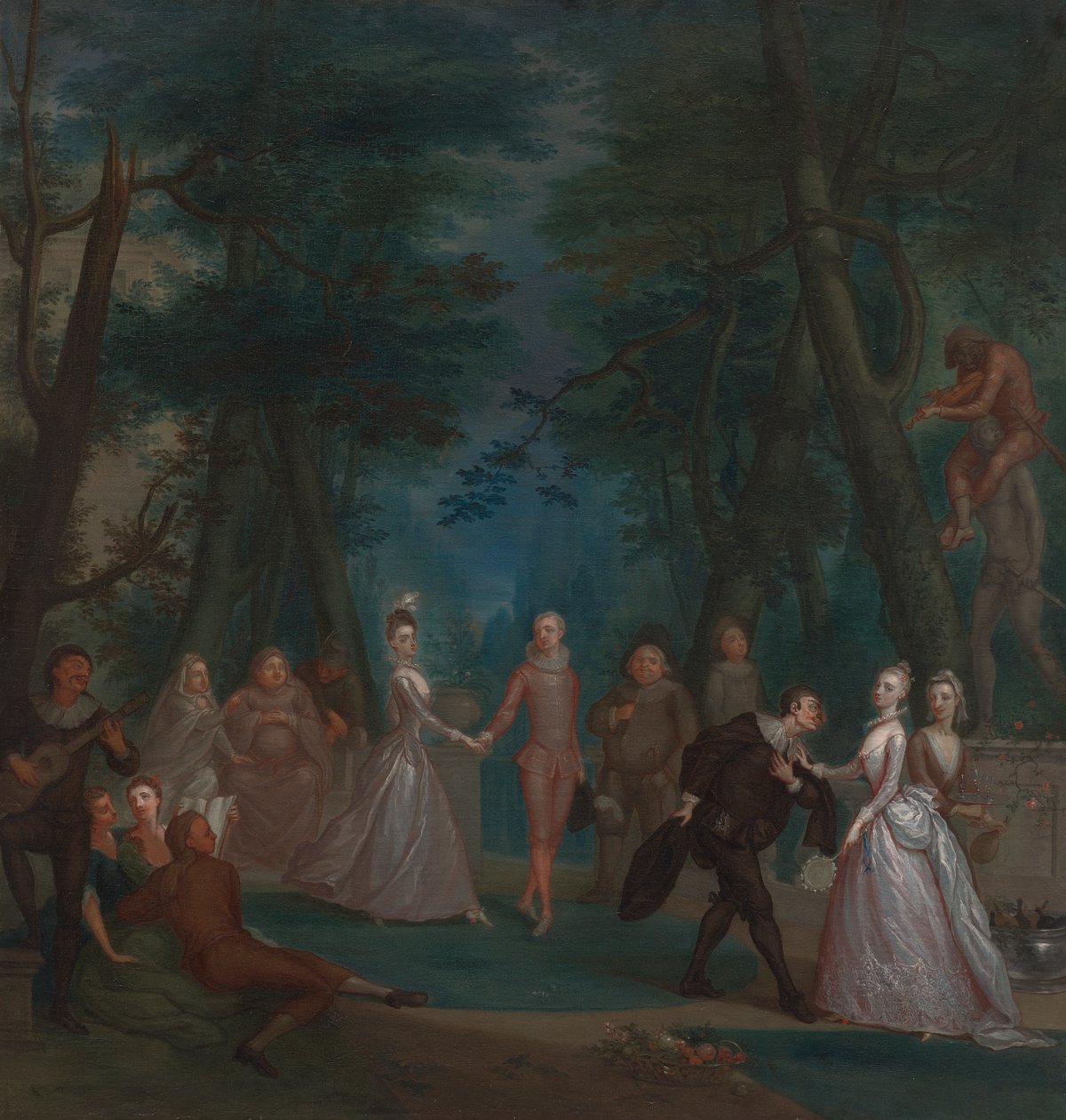 Szene in einem Park mit Figuren aus der Commedia dell