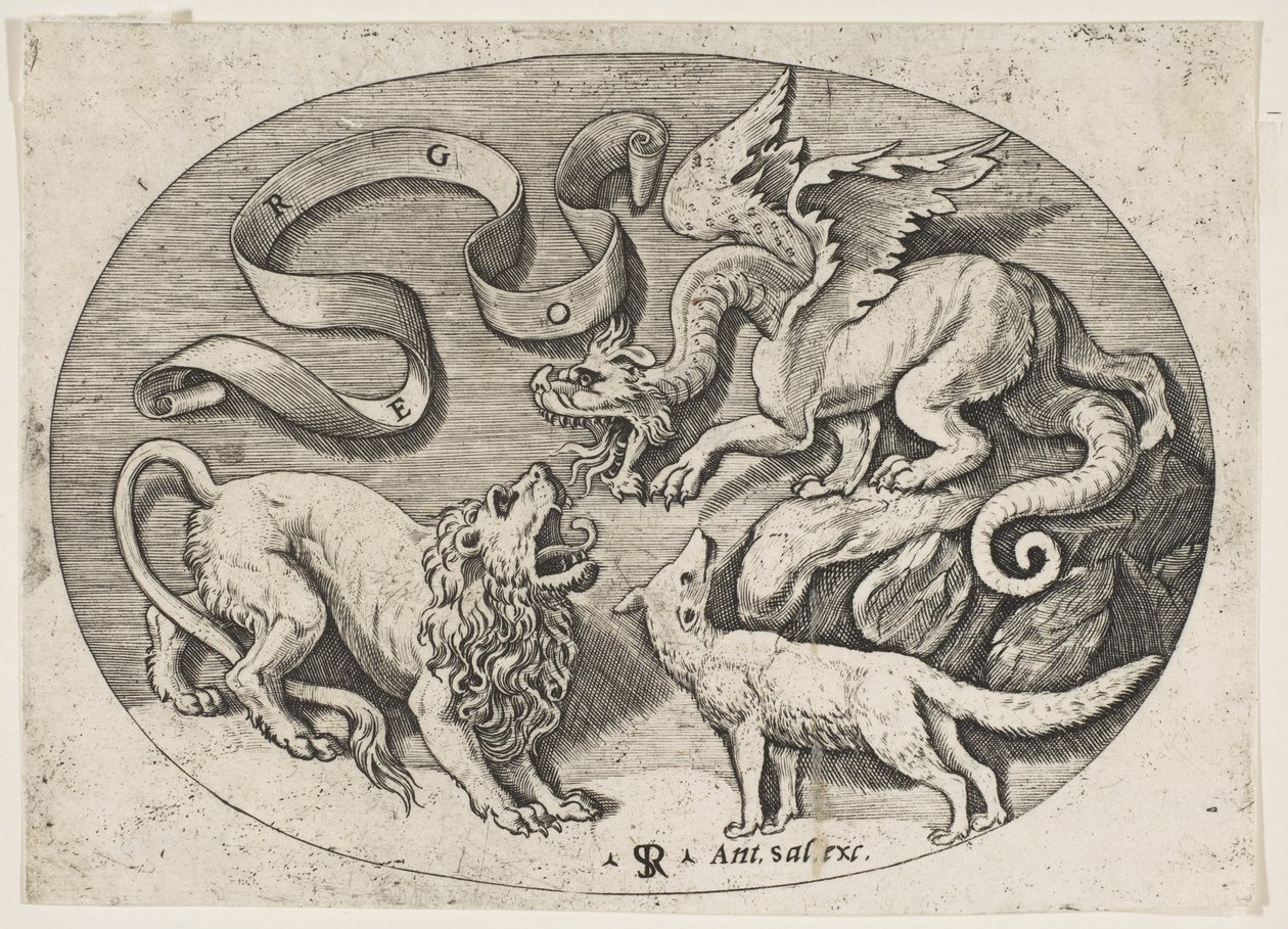 Ein Löwe, Drache und Fuchs kämpfen miteinander, eine beschriftete Banderole darüber, ein ovales Medaillon, ca. 1515-1527 von Marco Dente