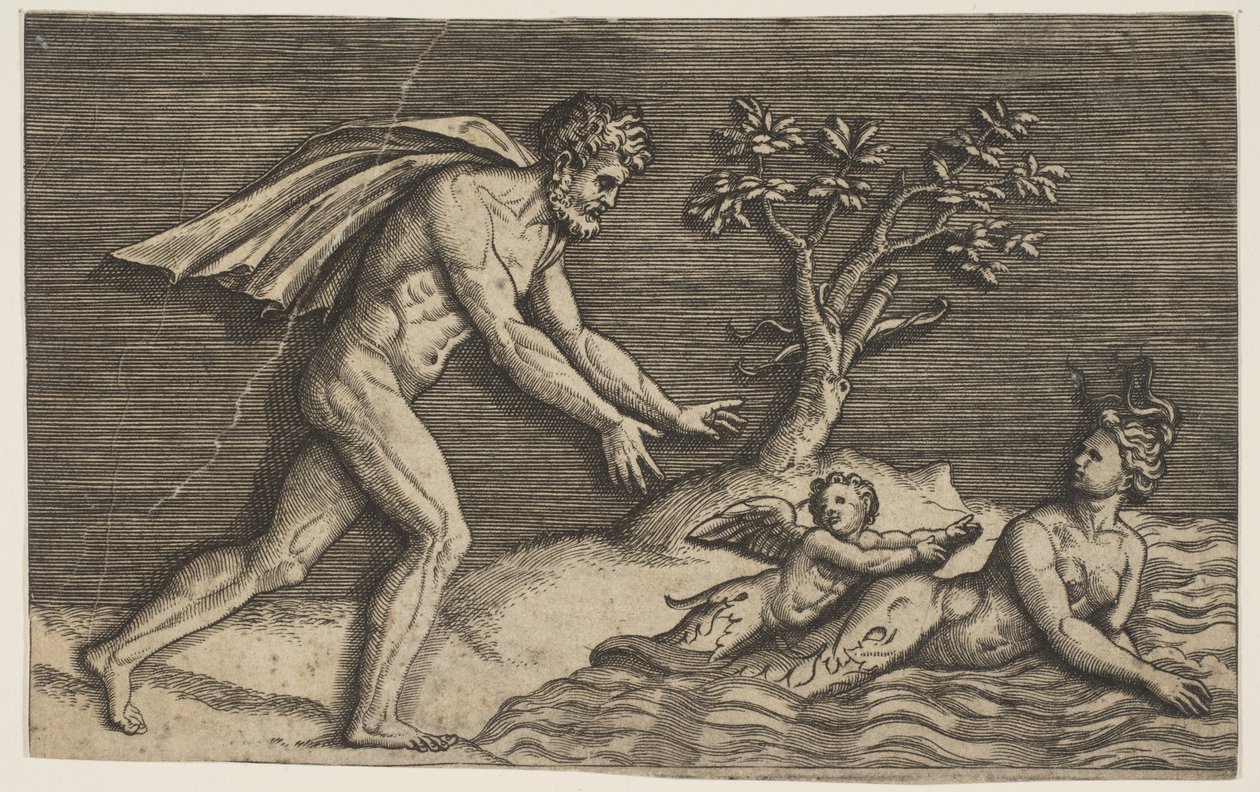 Ein nackter Mann verfolgt eine Najade und einen Amor ins Wasser, ca. 1515-27 von Marco Dente