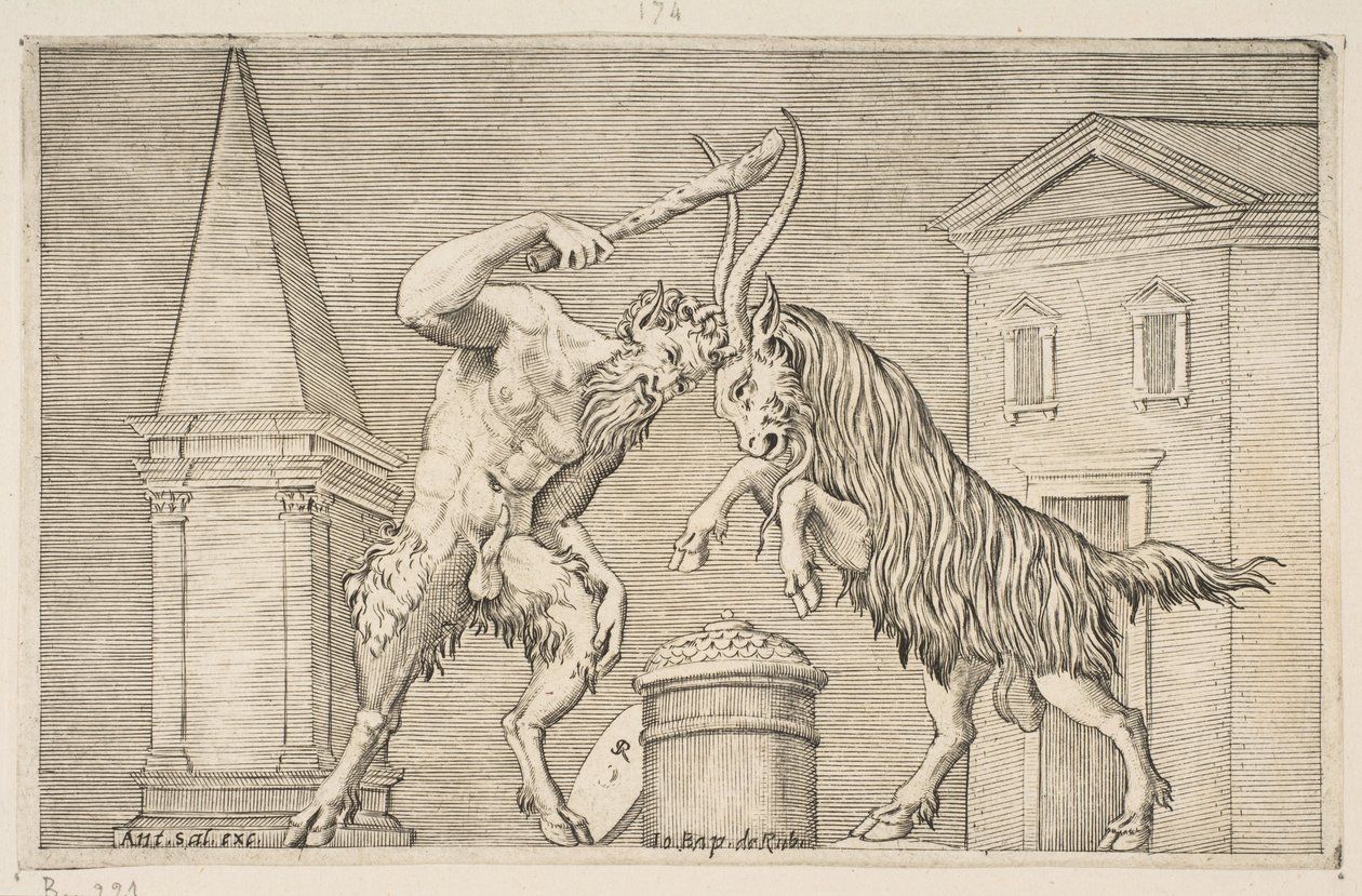 Ein Satyr und ein Widder, die sich gegenseitig angreifen, der Satyr schwingt einen Knüppel mit seiner rechten Hand, ca. 1515-27 von Marco Dente