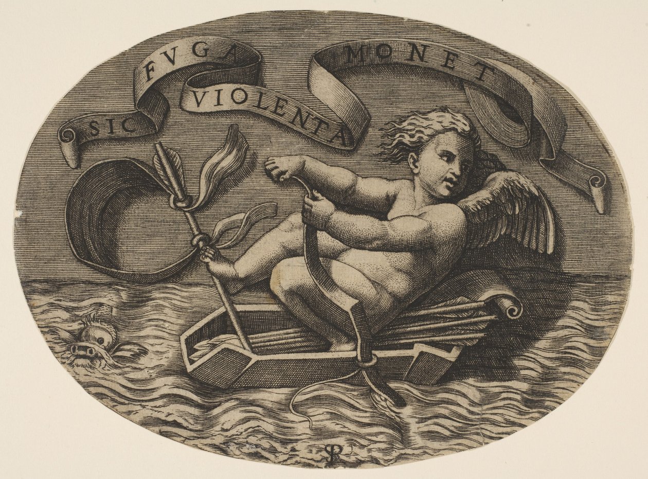Eros flieht übers Meer und benutzt seinen Bogen, um ein Boot aus seinem Köcher mit einem Pfeil anzutreiben..., ca. 1515-27 von Marco Dente