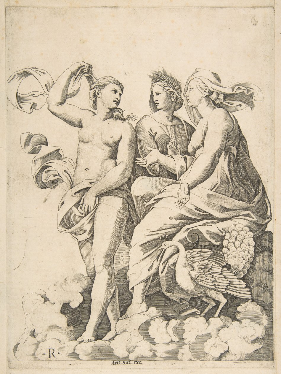 Juno, Ceres und Psyche in den Wolken im Gespräch, Juno sitzt mit einem Pfau bei ihr..., ca. 1515-27 von Marco Dente