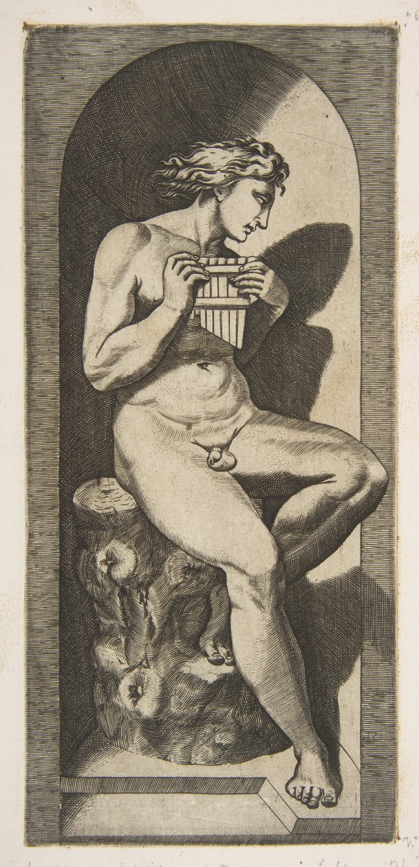 Olympus nackt, auf einem Baumstumpf sitzend und Pfeifen haltend, in einer Nische, ca. 1515-27 von Marco Dente