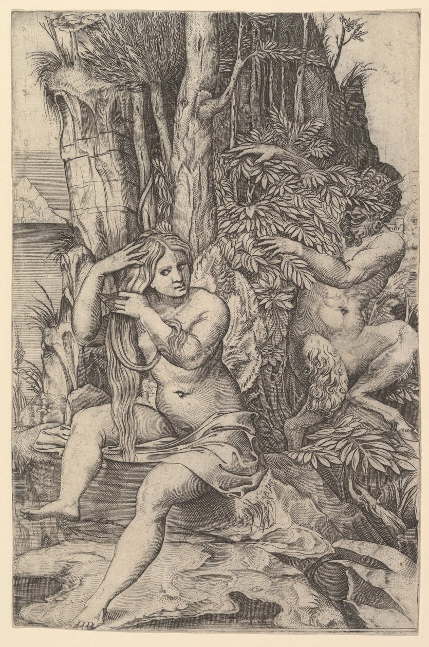 Pan beobachtet die Nymphe Syrinx, die auf einem Felsen sitzt und ihr Haar kämmt, ca. 1516-20 von Marco Dente