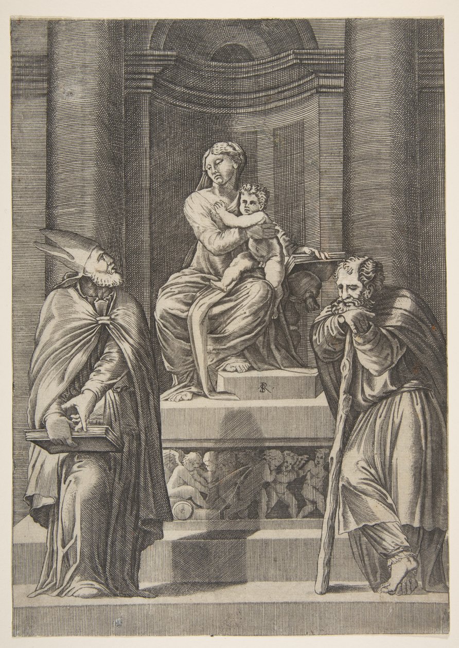 Heiliger Josef links und ein Bischof rechts vor dem Altar der Jungfrau..., ca. 1515-27 von Marco Dente