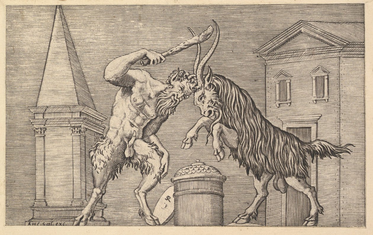Speculum Romanae Magnificentiae: Ein Satyr und ein Widder im Kampf, 16. Jahrhundert von Marco Dente