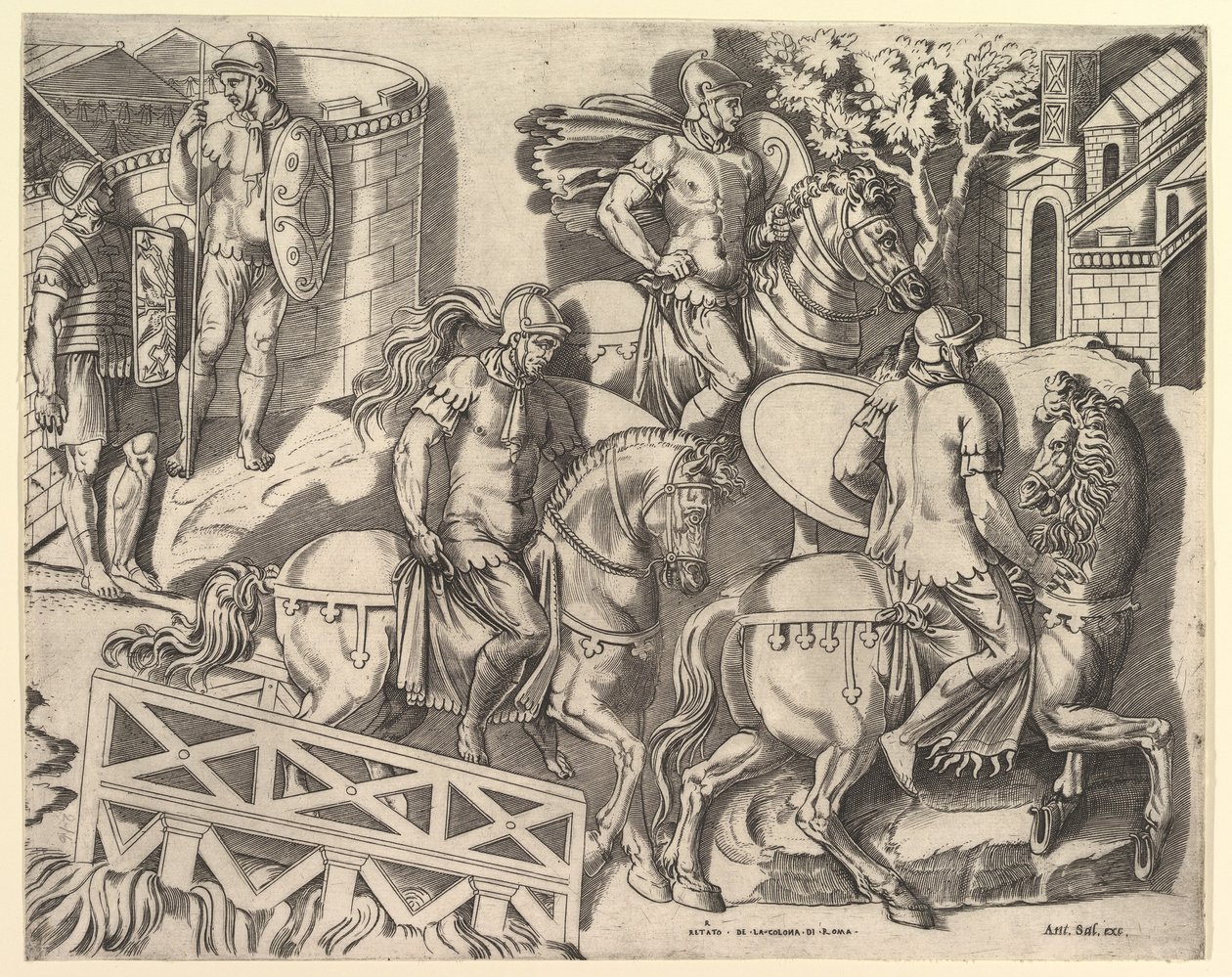 Speculum Romanae Magnificentiae: Römische Reiter überqueren eine Brücke von Trajans C..., 16. Jahrhundert von Marco Dente