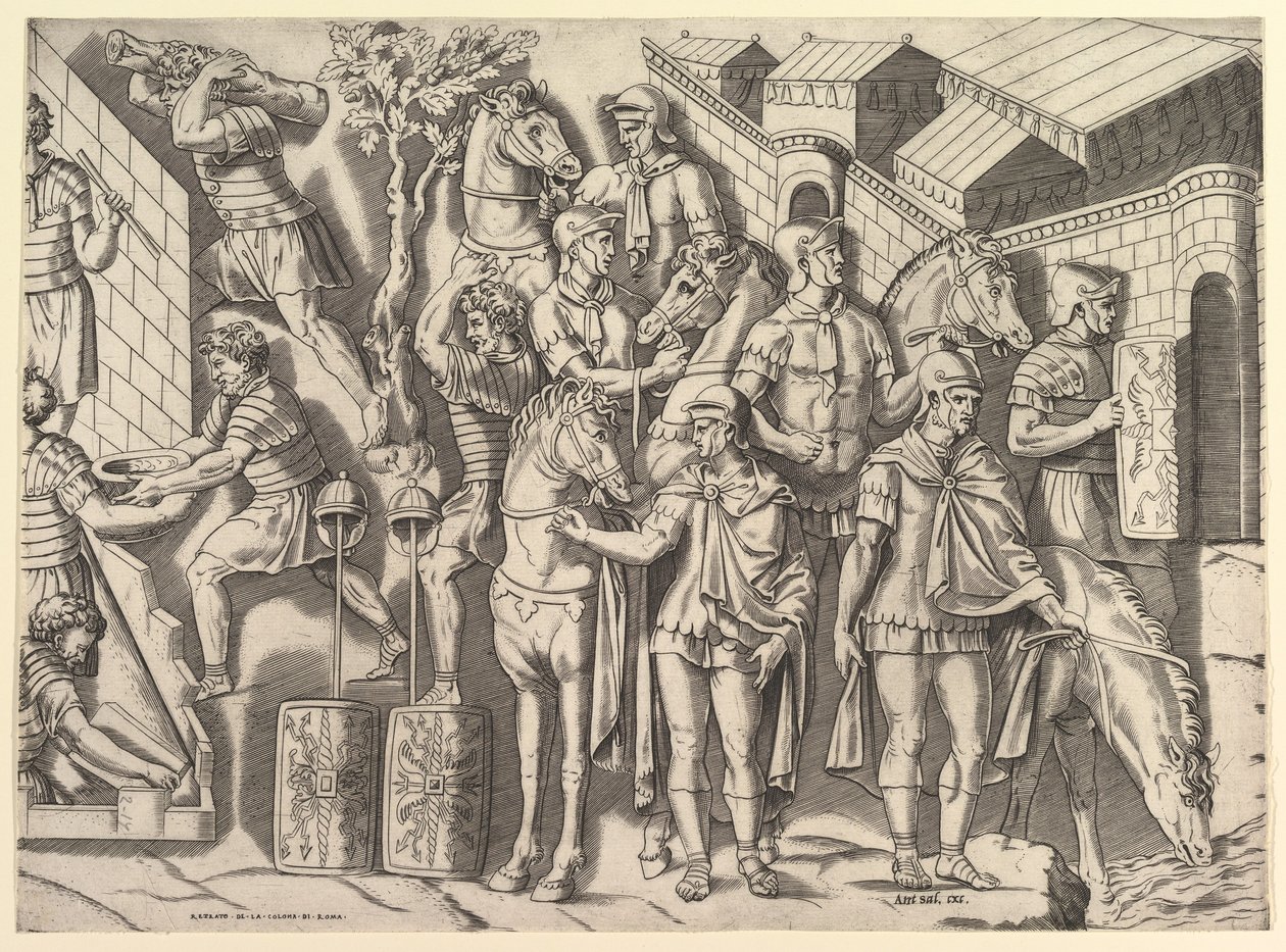 Speculum Romanae Magnificentiae: Römische Reiter, von der Trajanssäule, 16. Jahrhundert von Marco Dente