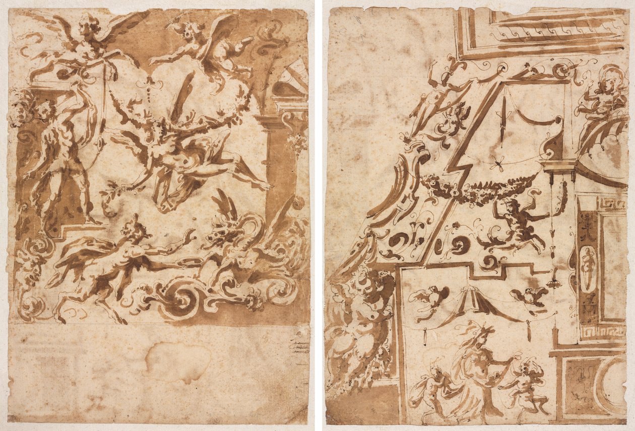 Groteske mit einem Satyr, der einen Drachen füttert (recto); Groteske mit einem springenden Zentaur (verso) von Marco Marchetti