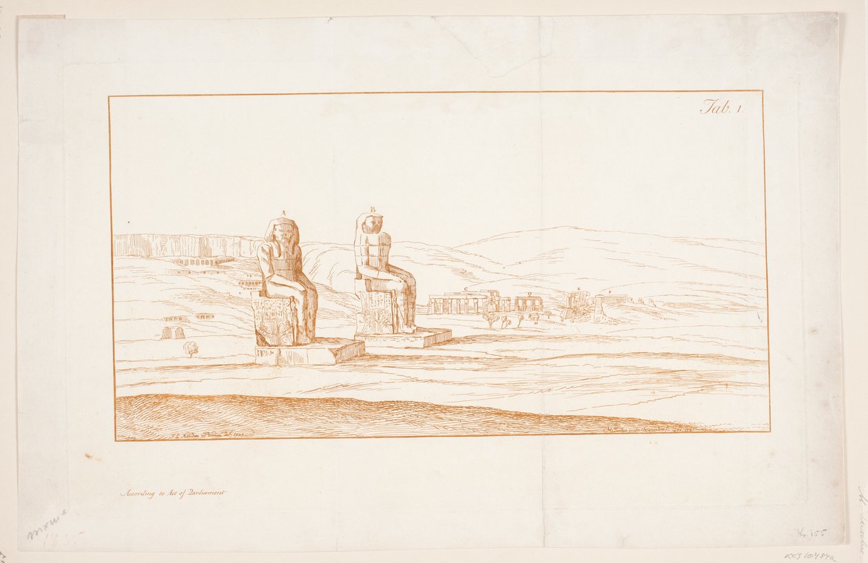 Illustration zu "Zeichnungen einiger Ruinen und kolossaler Statuen in Theben in Ägypten mit einem Bericht über den Ruhm in einem Brief an die Royal Society", London 1741 von Marcus Tuscher