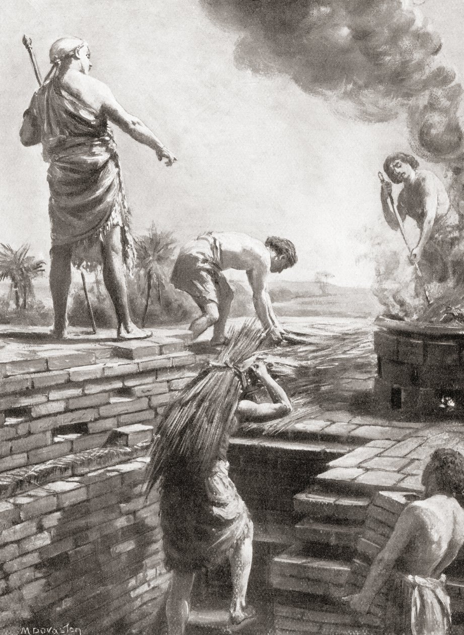 Bau einer Zikkurat, der riesigen pyramidenförmigen Tempeltürme, die zuerst in sumerischen Stadtstaaten gebaut wurden, aus Hutchinsons Geschichte der Nationen, veröffentlicht 1915 von Margaret (after) Dovaston