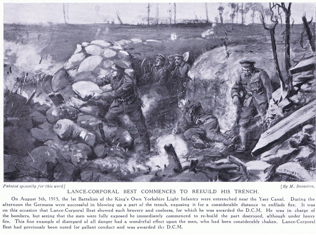 Lance Corporal Best erhält ein DCM für den Wiederaufbau seines Grabens am Yser-Kanal unter schwerem Beschuss im August 1915 von Margaret Dovaston