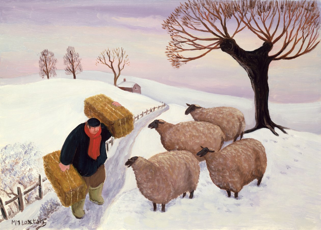 Heu zu den Schafen im Winter tragen von Margaret Loxton