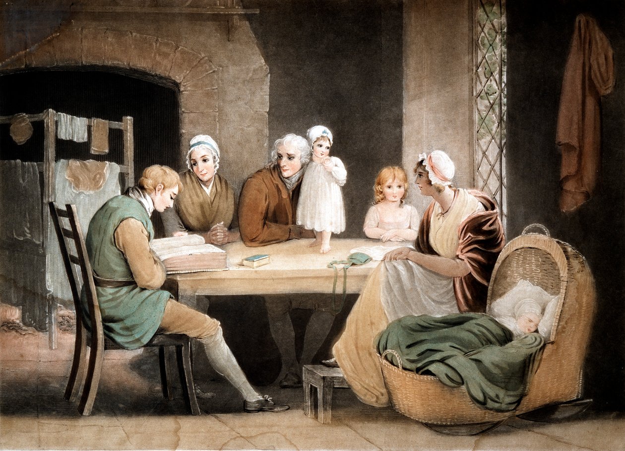 Drei Generationen hören eine Lesung aus der Familienbibel, um 1800 von Maria Spilsbury