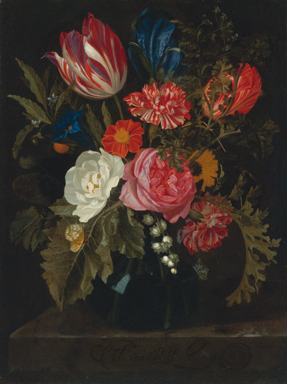 Blumen in einer Vase auf einem Marmorsims von Maria van Oosterwijck