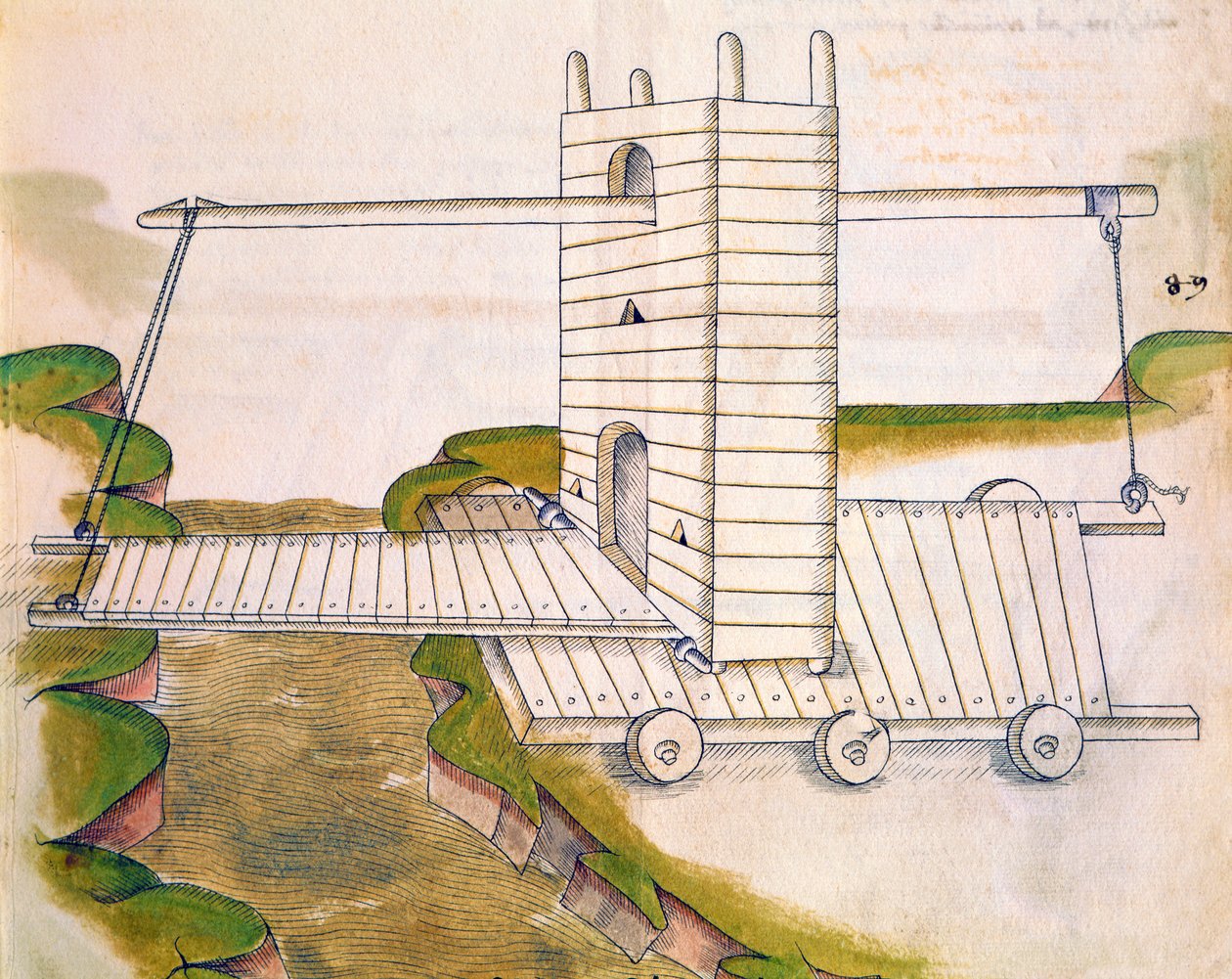 Entwurf für eine Maschine mit Zugbrücke auf Rädern für den Einsatz im Krieg oder bei Belagerungen, Illustration aus De Machinis von Mariano di Jacopo 1382 c.1453 after Mariano di Jacopo 1382 c.1453 after