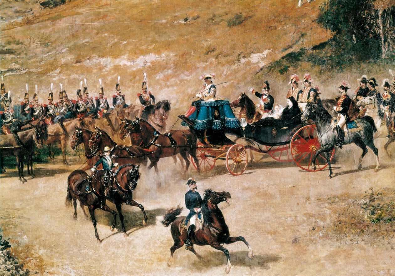 Königin Maria Christina und ihre Tochter Isabel II. besichtigen die Artilleriebatterien, die Madrid 1837 verteidigen (Detail), ca. 1866 von Mariano José María Bernardo Fortuny y Carbó
