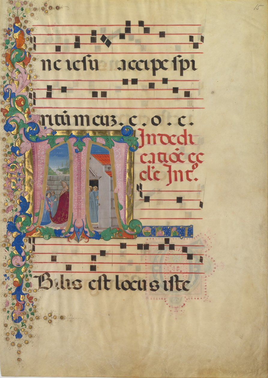 Manuskriptblatt mit der Einweihung einer Kirche in einem Initial T, aus einem Graduale, 2. Hälfte des 15. Jahrhunderts von Mariano del Buono