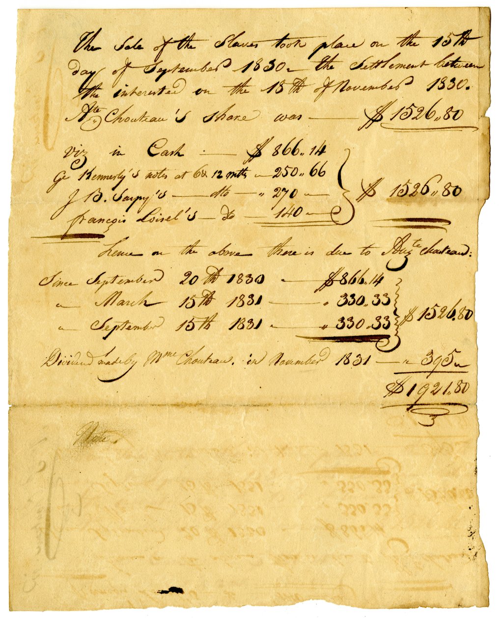 Dokument über den Verkauf von Sklaven und den Anteil, der verschiedenen Personen zusteht, November 1831 von Marie Therese Cerre Chouteau
