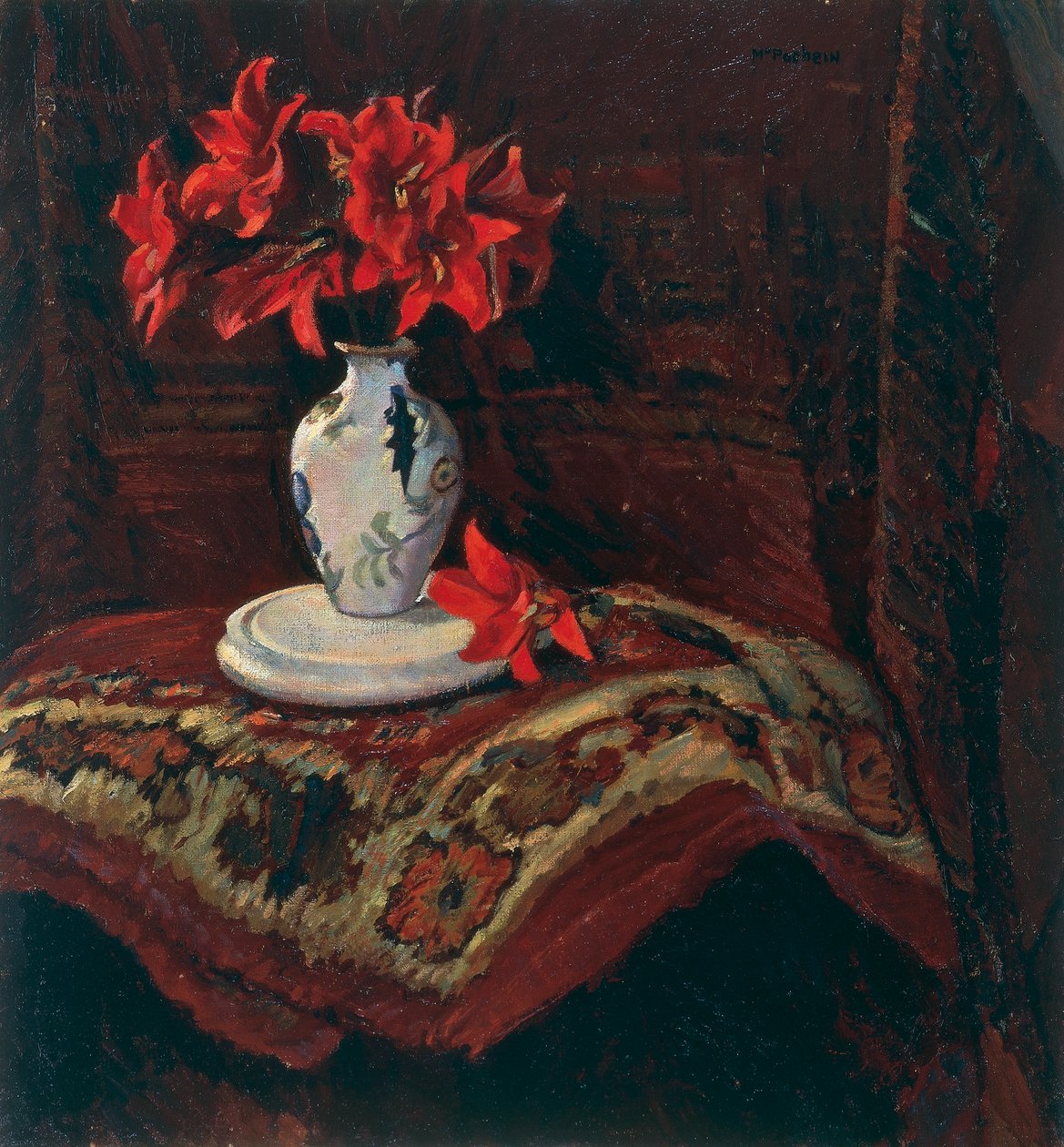 Teppich und Vase mit roten Lilien von Mario Puccini