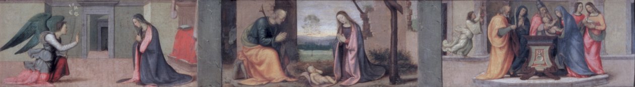 Die Verkündigung; Die Geburt Christi; Die Darstellung im Tempel, Predella-Tafel zur Heimsuchung der hl. Elisabeth bei der Madonna, 1503 von Mariotto Albertinelli