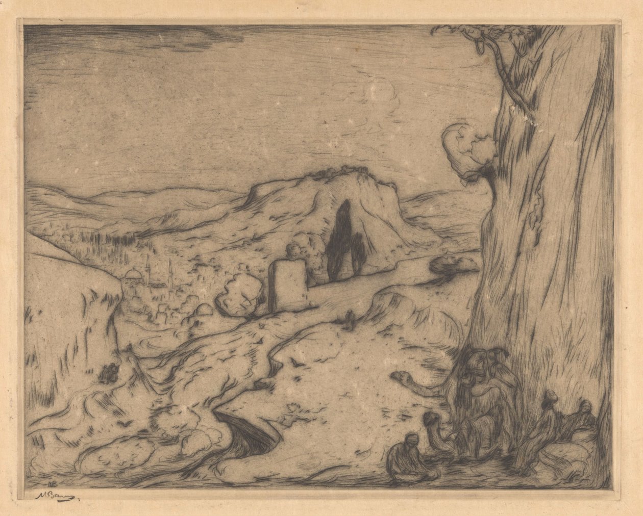 Ansicht einer orientalischen Stadt in einem Tal von Marius Bauer (signed by artist)