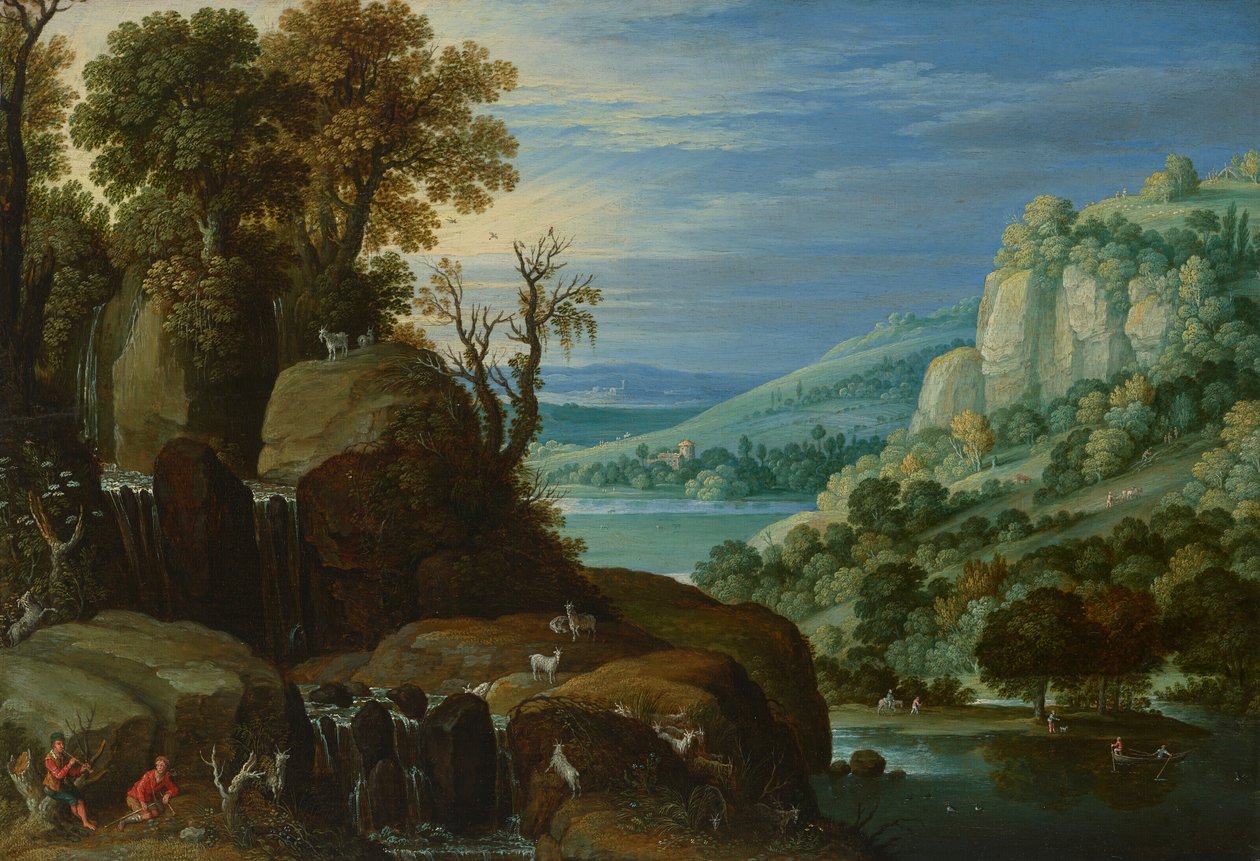 Weitläufige Flusslandschaft mit Ziegenhirten, die neben einem Wasserfall Flöte spielen, mit Blick auf einen See und eine Stadt im Hintergrund von Marten Ryckaert