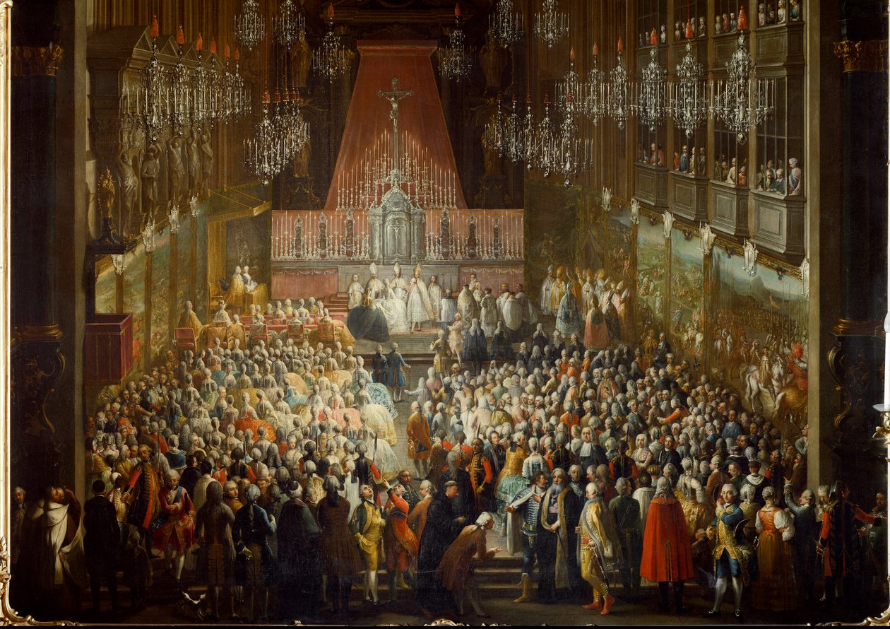 Hochzeitszeremonie von Prinzessin Isabella von Parma mit Kaiser Joseph II., am 06.10.1760 (Detail) von Martin (and studio) Mytens or Meytens